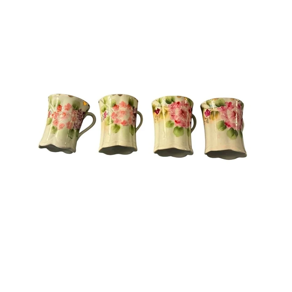 Vintage Porcelain Demitasse Cups Set of 4 Pink Floral Gold Trim Tea EspressoCups